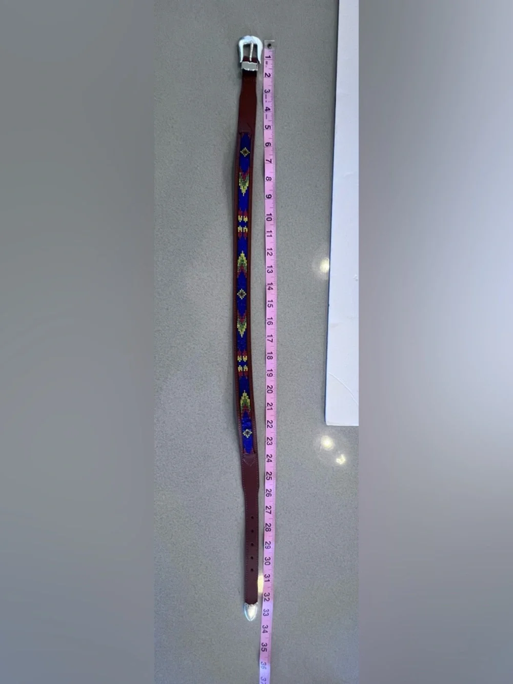 Beaded Brown Latigo Leather Belt Sz 28